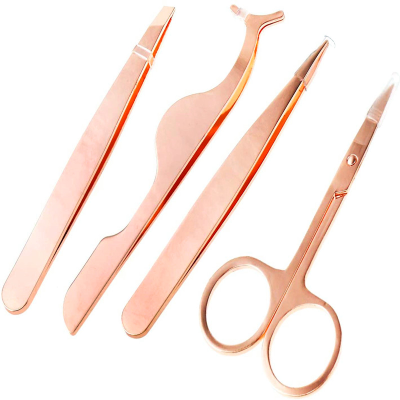 4 pezzi Set di forbici per sopracciglia in acciaio inossidabile oro rosa forbici pinzette applicatore punta inclinata pinzette per capelli trucco uso kit di strumenti